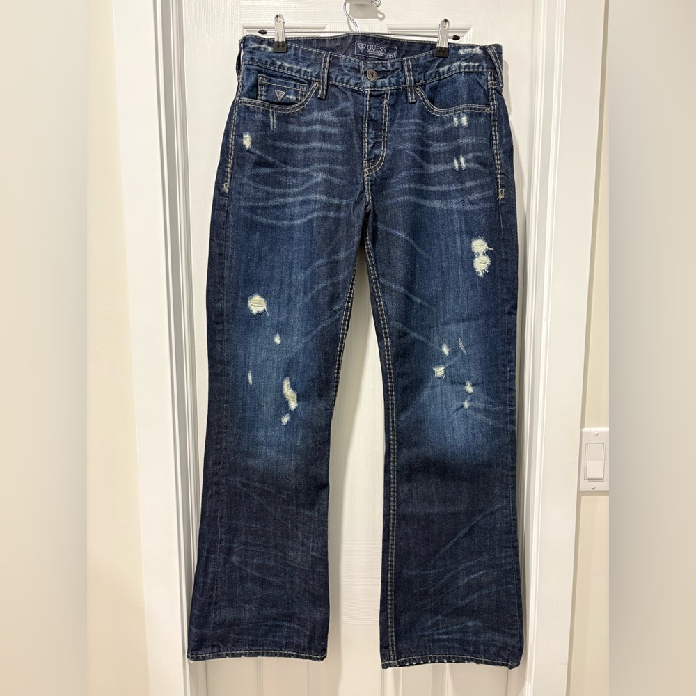 Guess Falcon Bootcut Distressed Blue Jeans 35x32 Relaxed Fit